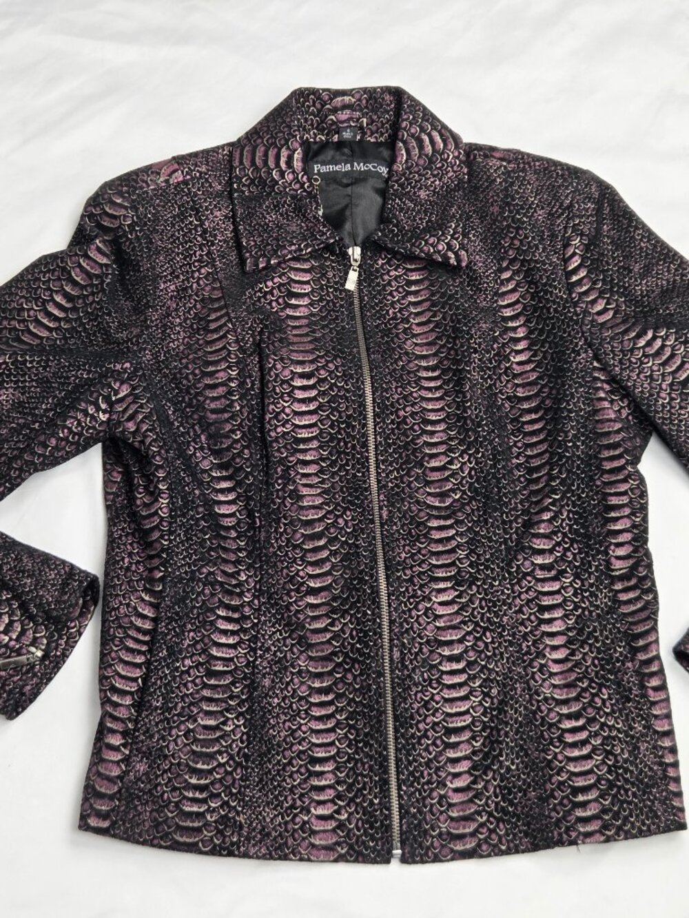 Pamela McCoy purple and black snakeskin-look embossed leather jacket Size Small